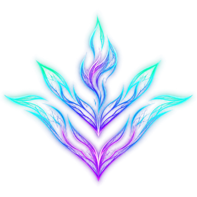 The Mother Spirit emblem: leaves and flame rising in teal, blue and violet light